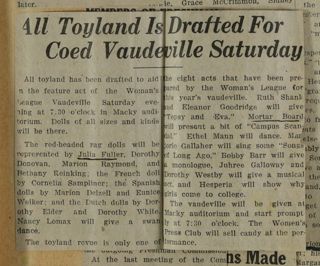 All Toyland Is Drafted for Coed Vaudeville Saturday Newspaper Clipping, c. 1924-1932