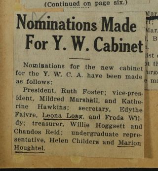 Nominations Made for Y.W. Cabinet Newspaper Clipping, c. 1924-1932