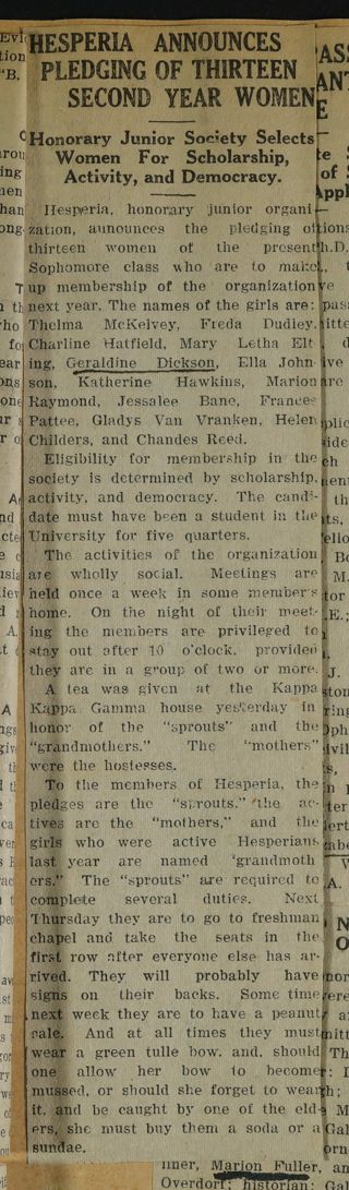 Hesperia Announces Pledging of Thirteen Second Year Women Newspaper Clipping, c. 1924-1932