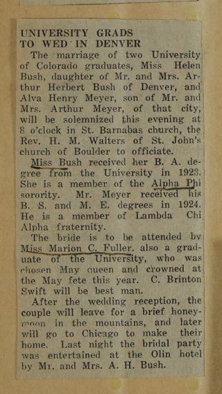 University Grads to Wed in Denver Newspaper Clipping, c. 1924-1932