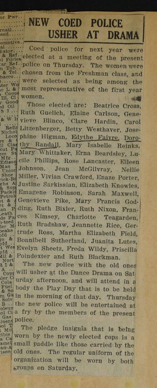 New Coed Police Usher at Drama Newspaper Clipping, c. 1924-1932