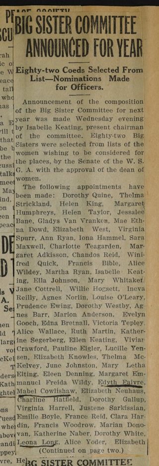 Big Sister Committee Announced for Year Newspaper Clipping, c. 1924-1932