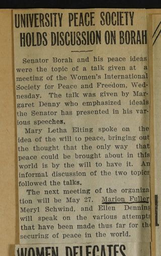 University Peace Society Holds Discussion on Borah Newspaper Clipping, c. 1924-1932