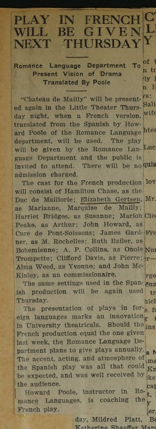 Play in French Will Be Given Next Thursday Newspaper Clipping, c. 1924-1932