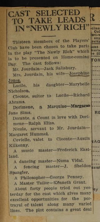Cast Selected to Take Leads in "Newly Rich" Newspaper Clipping, c. 1924-1932