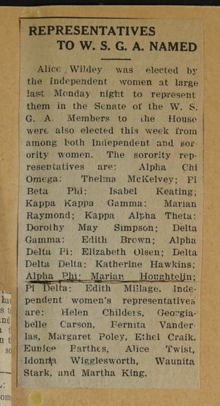 Representatives to W.S.G.A. Named Newspaper Clipping, c. 1924-1932