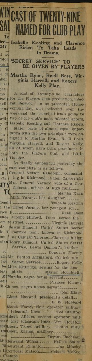 Cast of Twenty-Nine Named for Club Play Newspaper Clipping, c. 1924-1932