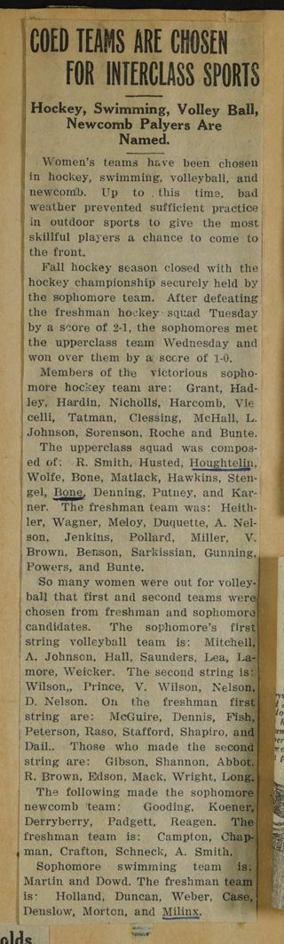 Coed Teams Are Chosen for Interclass Sports Newspaper Clipping, c. 1924-1932