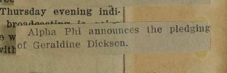 Alpha Phi Announces...Newspaper Clipping, c. 1924-1932
