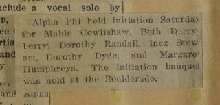 Alpha Phi Held Initiation...Newspaper Clipping, c. 1924-1932