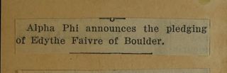 Alpha Phi Announces the Pledging of Edythe...Newspaper Clipping, c. 1924-1932