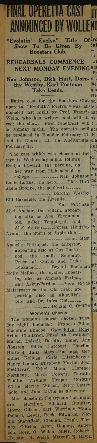 Final Operetta Cast Announced by Wolle Newspaper Clipping, c. 1924-1932