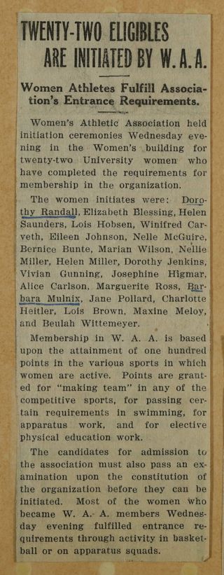 Twenty-Two Eligibiles Are Initiated by W.A.A. Newspaper Clipping, c. 1924-1932