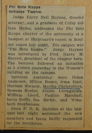 Phi Beta Kappa Initiates Twelve Newspaper Clipping, c. 1924-1932