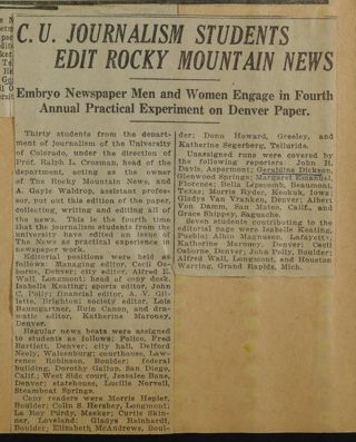 C.U. Journalism Students Edit Rocky Mountain News Newspaper Clipping, c. 1924-1932
