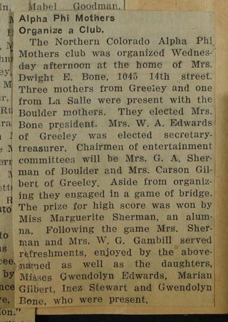 Alpha Phi Members Organize a Club Newspaper Clipping, c. 1924-1932