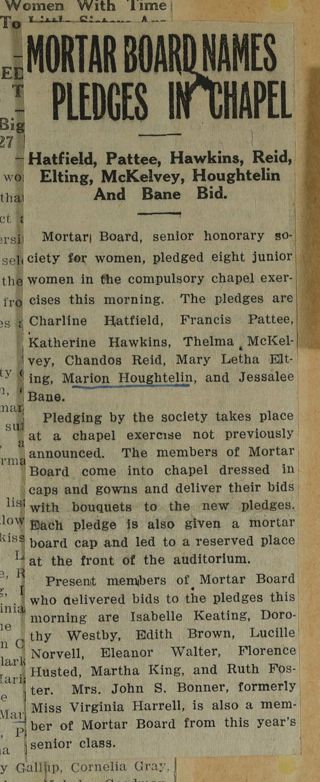 Mortar Board Names Pledges in Chapel Newspaper Clipping, c. 1924-1932