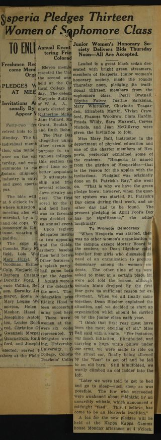 Hesperia Pledges Thirteen Women of Sophomore Class Newspaper Clipping, c. 1924-1932