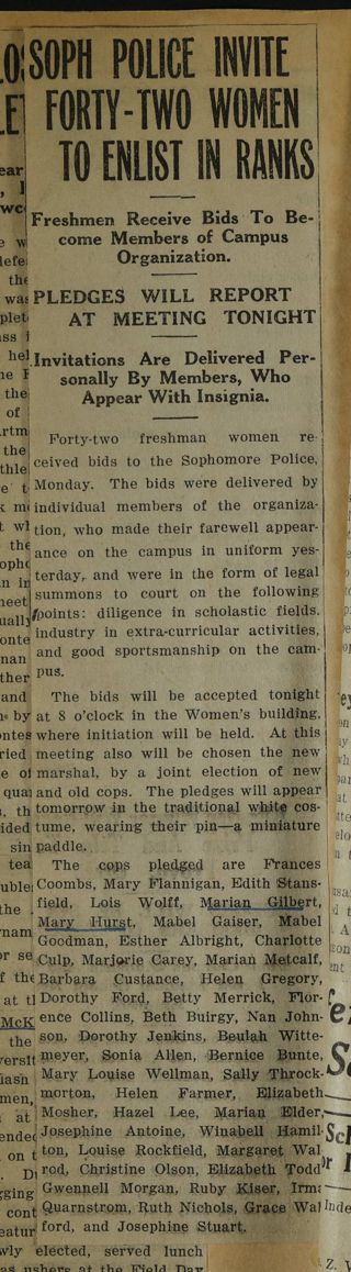 Soph Police Invite Forty-Two Women to Enlist in Ranks Newspaper Clipping, c. 1924-1932