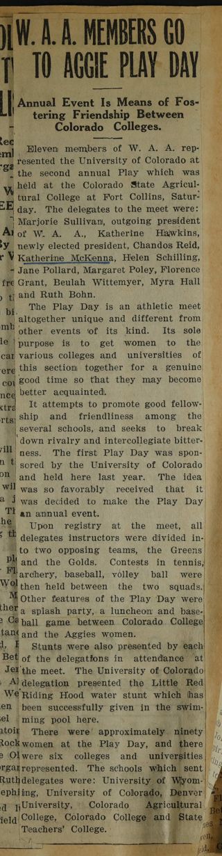 W.A.A. Members Go to Aggie Play Day Newspaper Clipping, c. 1924-1932