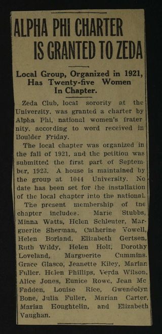 Alpha Phi Charter Is Granted to Zeda Newspaper Clipping, c. 1924-1932
