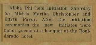 Alpha Phi Held initiation Saturday...Newspaper Clipping, c. 1924-1932