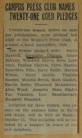 Campus Press Club Names Twenty-One Coed Pledges Newspaper Clipping, c. 1924-1932