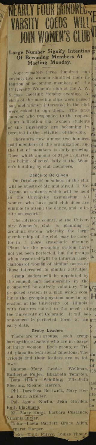 Nearly Four Hundred Varsity Coeds Will Join Women's Club Newspaper Clipping, c. 1924-1932