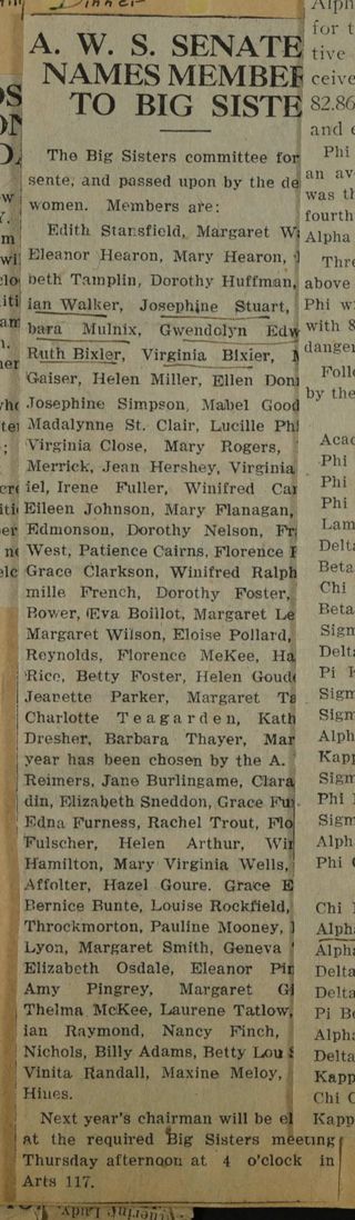 A.W.S. Senate Names Members to Big Sister Newspaper Clipping, c. 1924-1932