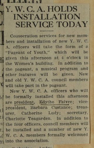 Y.W.C.A. Holds Installation Service Today Newspaper Clipping, c. 1924-1932