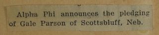 Alpha Phi Announces the Pledging of Gale...Newspaper Clipping, c. 1924-1932