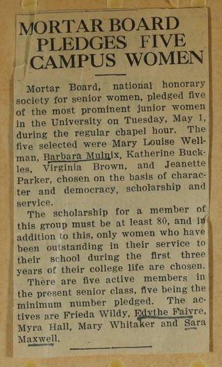 Mortar Board Pledges Five Campus Women Newspaper Clipping, c. 1924-1932