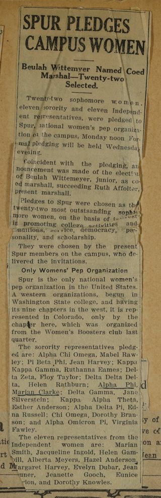 Spur Pledges Campus Women Newspaper Clipping, c. 1924-1932