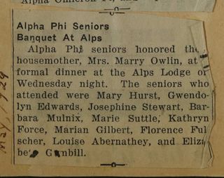 Alpha Phi Seniors Banquet at Alps Newspaper Clipping, c. 1924-1932