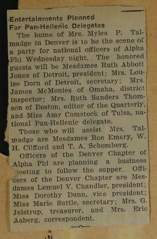 Entertainments Planned for Pan-Hellenic Delegates Newspaper Clipping, c. 1924-1932