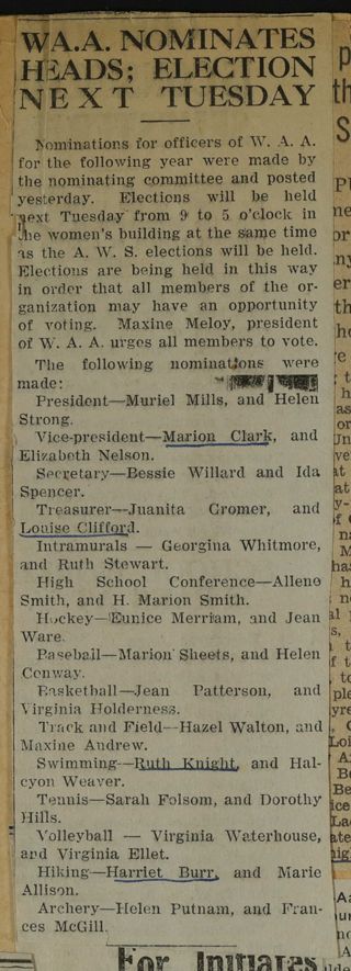 W.A.A. Nominates Heads; Election Next Tuesday Newspaper Clipping, c. 1924-1932
