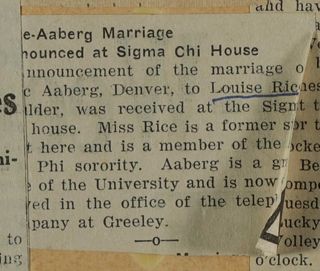 Rice-Aaberg Marriage Announced at Sigma Chi House Newspaper Clipping, c. 1924-1932