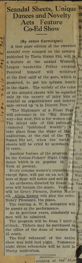 Scandal Sheets, Unique Dances, and Novelty Acts Feature Co-Ed Show Newspaper Clipping, c. 1924-1932