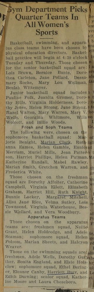 Gym Department Picks Quarter Teams in All Women's Sports Newspaper Clipping, c. 1924-1932
