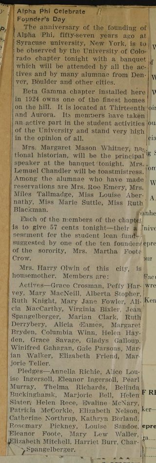 Alpha Phi Celebrate Founder's Day Newspaper Clipping, c. 1924-1932