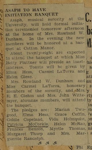 Asaph to Have Initiation Banquet Newspaper Clipping, c. 1924-1932