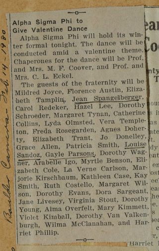 Alpha Sigma Phi to Give Valentine Dance Newspaper Clipping, c. 1924-1932