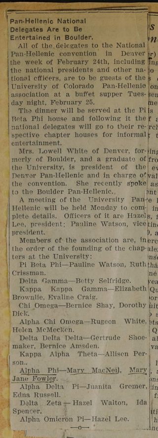 Pan-Hellenic National Delegates Are to Be Entertained in Boulder Newspaper Clipping, c. 1924-1932
