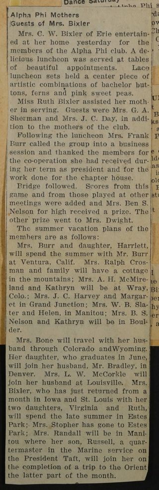 Alpha Phi Mothers Guests of Mrs. Bixler Newspaper Clipping, c. 1924-1932