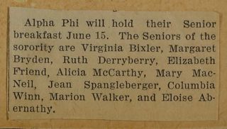 Alpha Phi Will Hold Their Senior Breakfast...Newspaper Clipping, c. 1924-1932