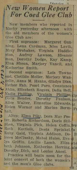New Women Report for Coed Glee Club Newspaper Clipping, c. 1924-1932