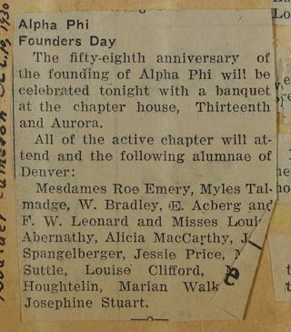 Alpha Phi Founders Day Newspaper Clipping, c. 1924-1932