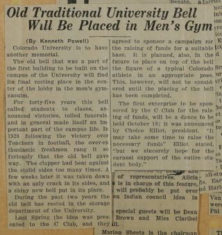 Old Traditional University Bell Will Be Placed in Men's Gym Newspaper Clipping, c. 1924-1932