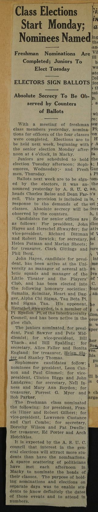 Class Elections Start Monday; Nominees Named Newspaper Clipping, c. 1924-1932