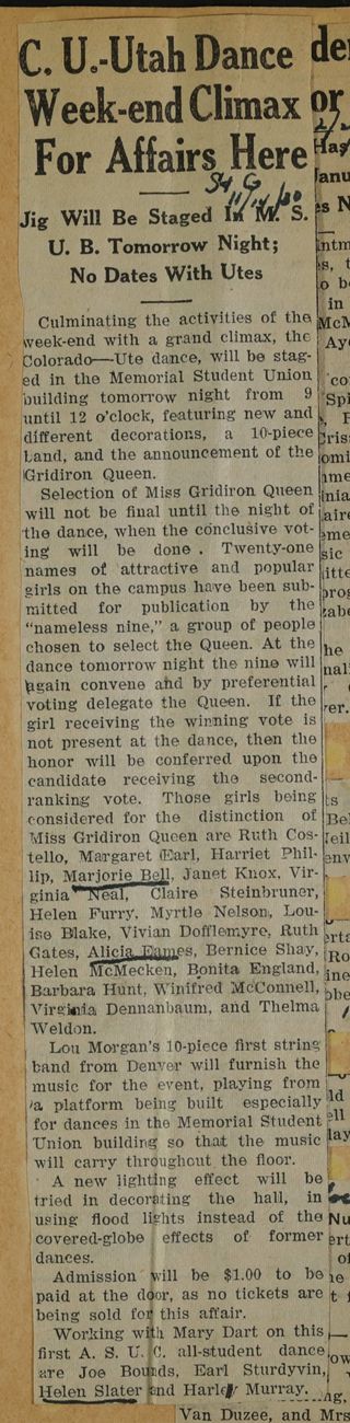 C.U.-Utah Dance Week-End Climax for Affairs Here Newspaper Clipping, November 14, 1930